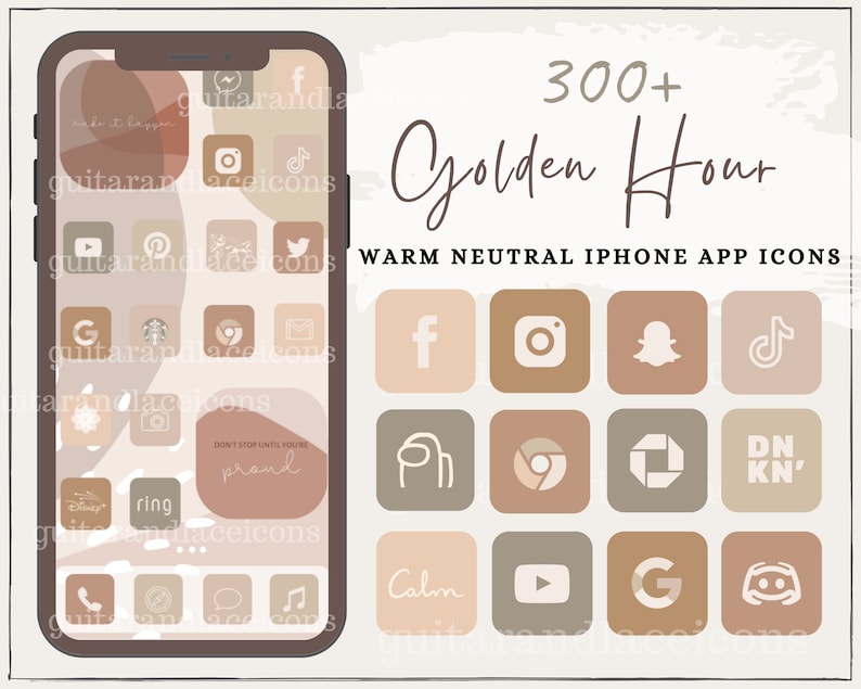 Op de afbeelding: Een digitale mockup van een iPhone-scherm met een verzameling van meer dan 300 warme, neutrale app-pictogrammen. De pictogrammen zijn gerangschikt in een rasterpatroon en omvatten populaire sociale media-apps, zoals Instagram, TikTok en Snapchat. De tekst "Golden Hour" en "WARME NEUTRALE IPHONE APP ICONS" wordt bovenaan de afbeelding weergegeven.