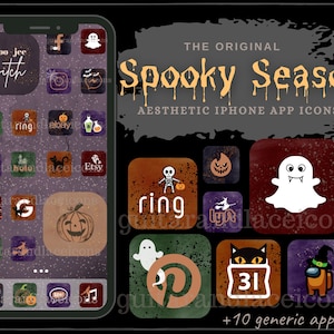 May include: A set of Halloween-themed iPhone app icons with a spooky and aesthetic design. The icons feature various Halloween elements, including pumpkins, ghosts, bats, and witches. The text "Spooky Season" is displayed at the top of the image, along with the phrase "Aesthetic iPhone App Icons".
