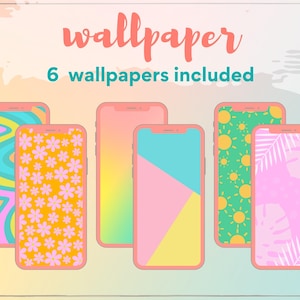 May include: Six phone wallpapers with different designs. The designs include a pink and blue swirl, a yellow background with pink flowers, a gradient of yellow to green, a pink, yellow, and blue geometric design, a green background with yellow suns, and a pink background with white palm leaves.