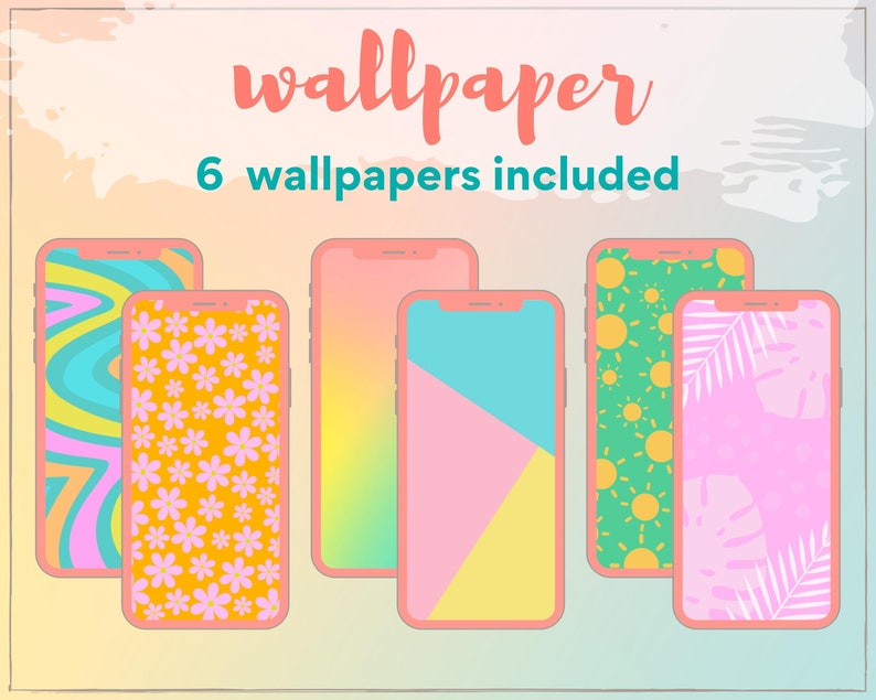 May include: Six phone wallpapers with different designs. The designs include a pink and blue swirl, a yellow background with pink flowers, a gradient of yellow to green, a pink, yellow, and blue geometric design, a green background with yellow suns, and a pink background with white palm leaves.