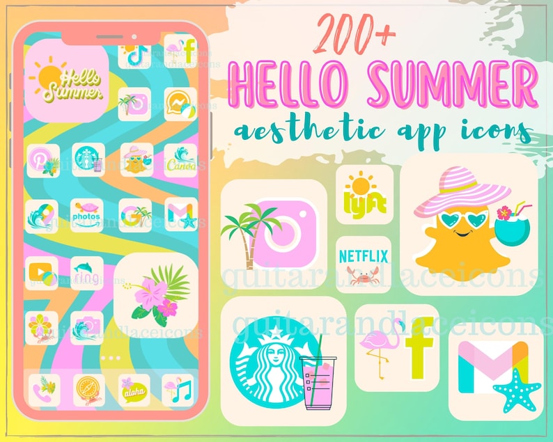 May include: A collection of 200+ summer-themed aesthetic app icons. The icons are colourful and feature various summer-related imagery, including palm trees, pineapples, flamingos, and seashells. The icons are arranged in a grid on a phone screen with a pink and blue background.