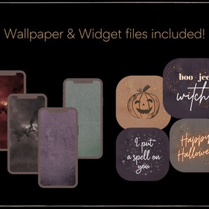 May include: Four digital phone wallpapers with a galaxy theme and four Halloween themed widgets. The widgets feature text that says "boo-jee witch", "I put a spell on you", and "Happy Halloween". One widget features a cartoon pumpkin.