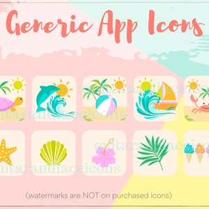 May include: Set of 10 colourful summer themed app icons. The icons include a turtle, dolphin, beach ball, sailboat, crab, starfish, seashell, hibiscus flower, palm leaf, and ice cream cones.