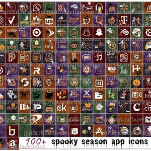 May include: A grid of 100+ spooky season app icons. The icons are in a variety of colors and designs, including pumpkins, ghosts, bats, and spiders. The icons are all set against a dark background with a subtle purple and green gradient. The text "100+ spooky season app icons" is at the bottom of the image.