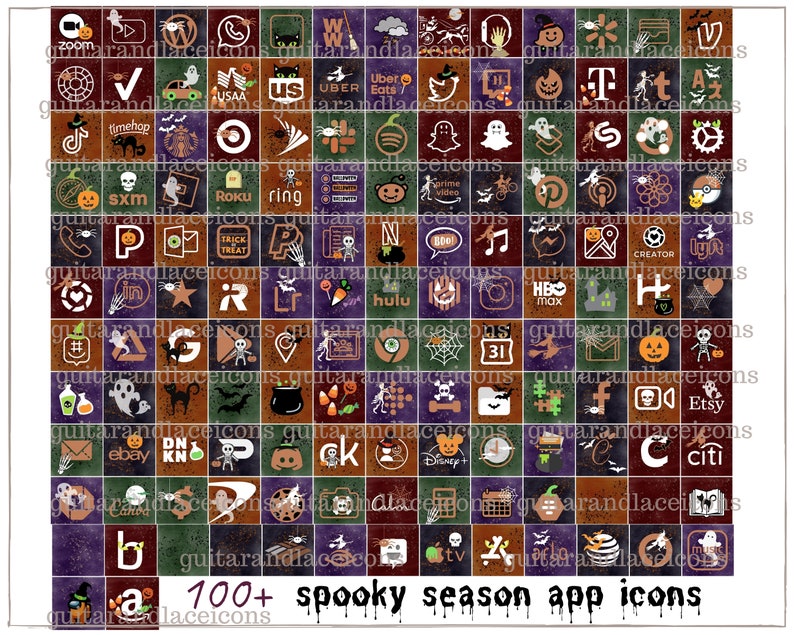May include: A grid of 100+ spooky season app icons. The icons are in a variety of colors and designs, including pumpkins, ghosts, bats, and spiders. The icons are all set against a dark background with a subtle purple and green gradient. The text "100+ spooky season app icons" is at the bottom of the image.