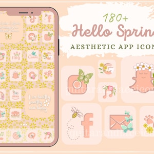 May include: A collection of 180+ aesthetic app icons featuring a spring theme. The icons are in a pastel pink and yellow color scheme with floral and butterfly designs. The text "Hello Spring" and "Aesthetic App Icons" are displayed on the image.