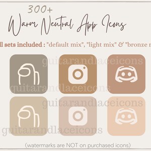 Op de afbeelding: Een set van zes app-pictogrammen in drie verschillende kleurvariaties: bruin, beige en licht perzik. De pictogrammen zijn voor de apps Among Us, Instagram en Discord. De tekst "guitarandlaceicons" is zichtbaar in de afbeelding.