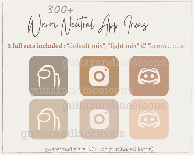 Op de afbeelding: Een set van zes app-pictogrammen in drie verschillende kleurvariaties: bruin, beige en licht perzik. De pictogrammen zijn voor de apps Among Us, Instagram en Discord. De tekst "guitarandlaceicons" is zichtbaar in de afbeelding.