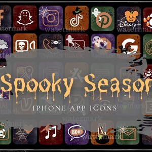 May include: A set of 25 Halloween-themed iPhone app icons. The icons are in a grid pattern and feature various spooky and festive designs, including ghosts, bats, pumpkins, spiders, and more. The text "Spooky Season" is written in a dripping font across the middle of the image. The text "IPHONE APP ICONS" is written below the text "Spooky Season".