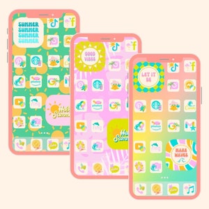 May include: Three pink iPhone mockups with summer themed app icons. The icons feature a variety of summery designs, including palm trees, sunglasses, and seashells. The text on the icons includes "Summer", "Good Vibes", "Let It Be", "Hello Summer", and "Make Waves".