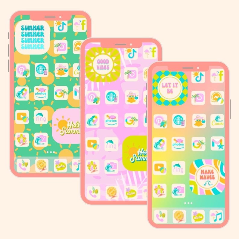 May include: Three pink iPhone mockups with summer themed app icons. The icons feature a variety of summery designs, including palm trees, sunglasses, and seashells. The text on the icons includes "Summer", "Good Vibes", "Let It Be", "Hello Summer", and "Make Waves".