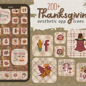 May include: A collection of over 200 Thanksgiving-themed app icons. The icons feature a variety of designs, including turkeys, pumpkins, leaves, and corn. The icons are in a variety of colours, including brown, orange, yellow, and red. The icons are perfect for adding a festive touch to your phone.