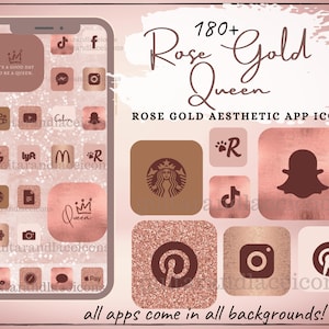 May include: A collection of 180+ rose gold aesthetic app icons. The icons are displayed on a smartphone screen and feature a variety of popular apps, including Instagram, TikTok, Snapchat, and Pinterest. The icons are designed with a rose gold glitter background and a dark brown icon design.