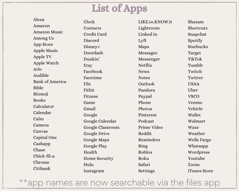 Op de afbeelding: Een lijst met apps voor mobiele apparaten, waaronder populaire apps zoals Amazon Music, Apple Music, Spotify en meer. De tekst onderaan de afbeelding luidt "app names are now searchable via the files app".