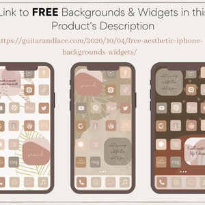 Op de afbeelding: Drie iPhone-startschermen met verschillende esthetische achtergronden en app-pictogrammen. Het eerste scherm heeft een roze en bruine achtergrond met bladeren en de tekst "growth is growth no matter how small". Het tweede scherm heeft een bruine en beige achtergrond met bladeren en de tekst "proud". Het derde scherm heeft een bruine achtergrond met de tekst "what is coming is better than what is gone" en "I will create the life I desire".