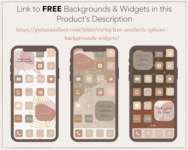 Op de afbeelding: Drie iPhone-startschermen met verschillende esthetische achtergronden en app-pictogrammen. Het eerste scherm heeft een roze en bruine achtergrond met bladeren en de tekst "growth is growth no matter how small". Het tweede scherm heeft een bruine en beige achtergrond met bladeren en de tekst "proud". Het derde scherm heeft een bruine achtergrond met de tekst "what is coming is better than what is gone" en "I will create the life I desire".
