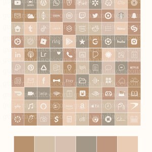 Op de afbeelding: Een raster van 100 vierkanten met verschillende app-pictogrammen in wit op een beige, bruine en grijze achtergrond. De pictogrammen omvatten populaire apps zoals Instagram, TikTok, Netflix, Amazon en meer.
