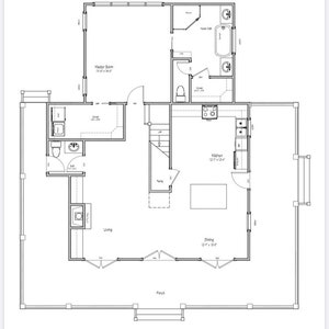 May include: A black and white architectural floor plan of a house. The plan includes labeled rooms such as the master bedroom, kitchen, dining room, living room, and master bath. Dimensions are provided in feet and inches.
