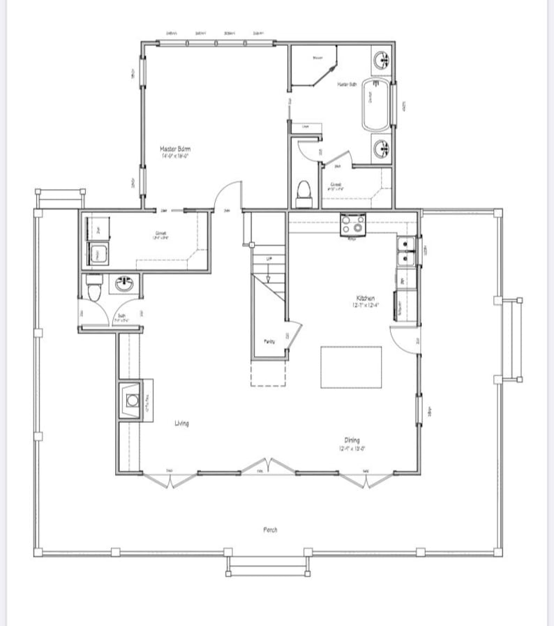 May include: A black and white architectural floor plan of a house. The plan includes labeled rooms such as the master bedroom, kitchen, dining room, living room, and master bath. Dimensions are provided in feet and inches.