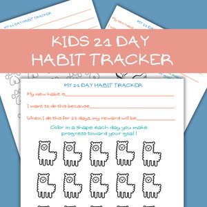 May include: A printable 21-day habit tracker for kids featuring a llama theme. The tracker includes space to write down a new habit, reasons for choosing the habit, and a reward for completing the habit. The tracker also includes 21 llama shapes to colour in as a visual representation of progress.