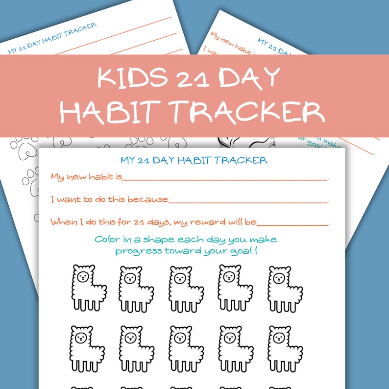 May include: A printable 21-day habit tracker for kids featuring a llama theme. The tracker includes space to write down a new habit, reasons for choosing the habit, and a reward for completing the habit. The tracker also includes 21 llama shapes to colour in as a visual representation of progress.