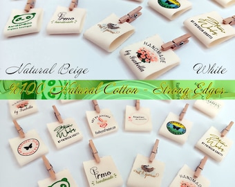Custom organic cotton labels, colored clothing labels,natural cotton label, - add your logo, personalize,PRE-CUT