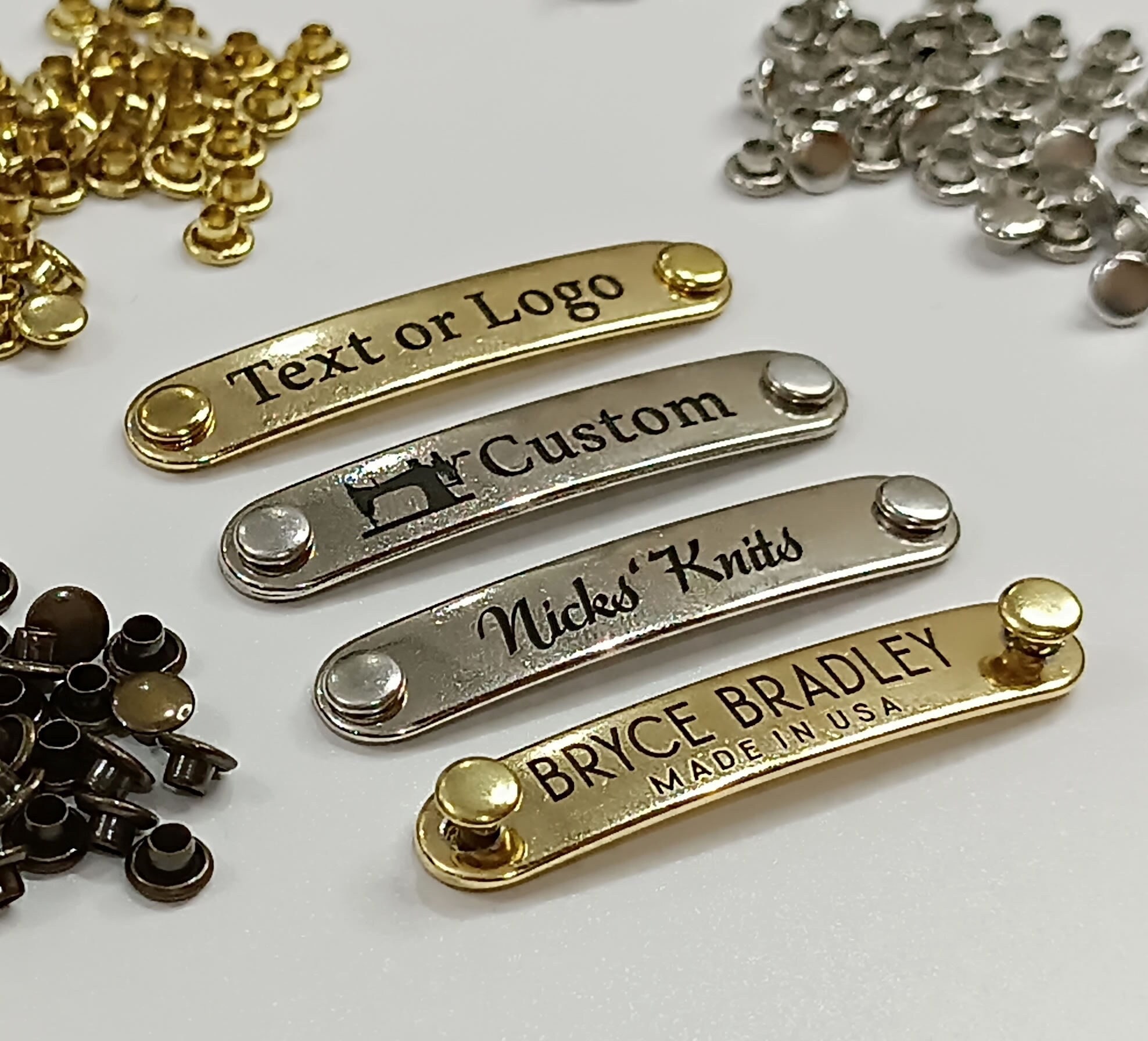 Customized metal tag (1.65x0.31 inch), bag,cardigan, hat tag,blanket label,crochet, knitting label,gold-silver metal label