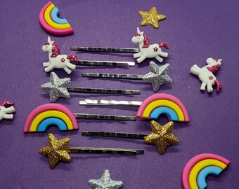 Unicorn Hair Pins | Rainbow Hair Pins | Star Hair Pins | Set of 4 | Hair Pin Set | Decorative Hair Pins | Unicorn Lover Hair Gift