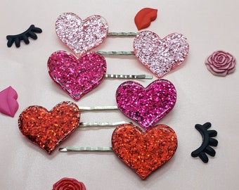 Big Glitter Heart Hair Pins | Love Hair Pins | Set of 3 | Hair Pin Set | Decorative Hair Pins | Heart Hair Gift | Valentine's Day Hair Gift