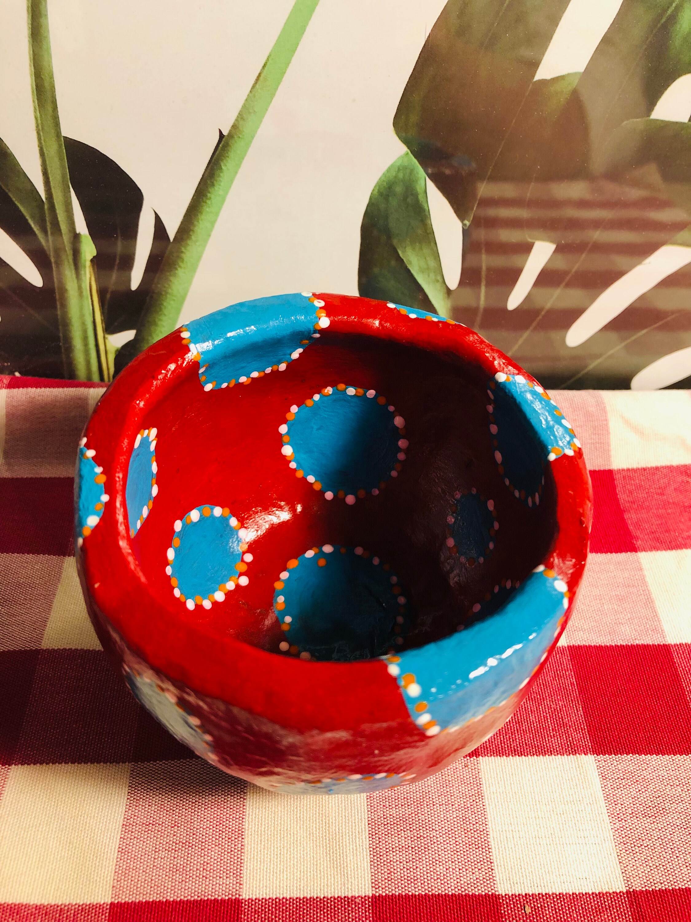 Air dry clay pot hand created and painted. Dotty circle Etsy