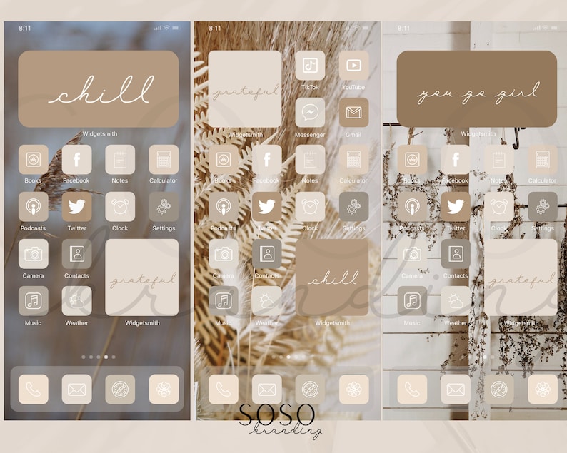 Pode incluir: Tr&ecirc;s telas iniciais do iPhone com &iacute;cones personalizados e uma paleta de cores neutras. Os &iacute;cones s&atilde;o contornos brancos em um fundo bege. O topo de cada tela apresenta uma frase manuscrita: "chill", "grateful" e "you go girl".