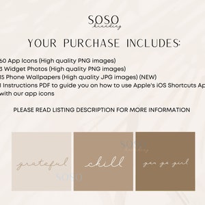 Pode incluir: Uma lista de produtos digitais que inclui 60 &iacute;cones de aplicativos, 3 fotos de widgets, 15 pap&eacute;is de parede para telefones e 1 PDF de instru&ccedil;&otilde;es. A lista inclui o texto "YOUR PURCHASE INCLUDES:" e "PLEASE READ LISTING DESCRIPTION FOR MORE INFORMATION". A lista tamb&eacute;m inclui tr&ecirc;s imagens de exemplo com o texto "grateful", "chill" e "you go girl".