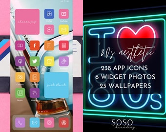 80s Bright Vibrant Hues Aesthetic | 238 iPhone iOS 14/iOS 15 App Icons | Widget Photos | Widgetsmith Shortcuts | Summer App Icon Pack