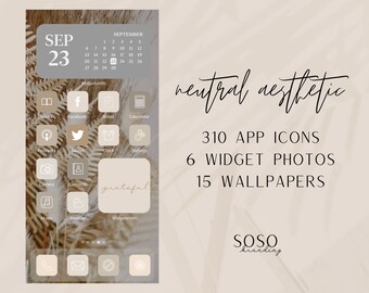 Pode incluir: Uma maquete de tela inicial de telefone com estética neutra com um calendário para 23 de setembro, ícones de aplicativos e o texto "grateful". O fundo é de cor bege com um padrão de folhas marrons. O texto "neutral aesthetic", "310 APP ICONS", "6 WIDGET PHOTOS", "15 WALLPAPERS" e "SOSO branding" também é visível.