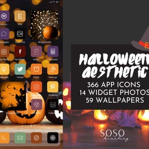 Può includere: Uno schermo del telefono a tema Halloween con 366 icone di app, 14 foto di widget e 59 sfondi. Lo schermo presenta uno schema di colori nero e arancione con zucche, un cappello da strega e una casa stregata.
