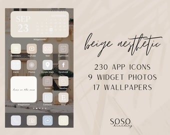 May include: A beige aesthetic phone home screen mockup with a calendar widget showing September 23rd, app icons, and the text "live in the now". The text "beige aesthetic" is written in cursive above the phone screen. Below the phone screen, the text "230 APP ICONS", "9 WIDGET PHOTOS", and "17 WALLPAPERS" is displayed. The text "SOSO branding" is at the bottom of the image.