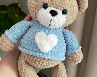 Handmade Crochet Teddy Bear – 29cm (11.4 in) – Soft Amigurumi Plush Toy with Blue Heart Sweater – Baby Shower Gift