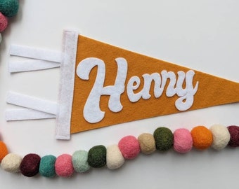 Name pennant flag made with stiffened felt, RETRO font, kids room sign, personalized nursery decor