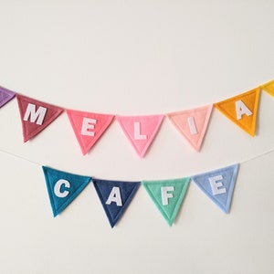 Custom name bunting made with felt, personalized felt banner, birthday banner, nursery, children's room, playroom decor,