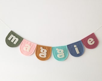 Custom name bunting SCALLOPED flags, made with felt, personalized felt banner, birthday banner, nursery, children's room, home decor
