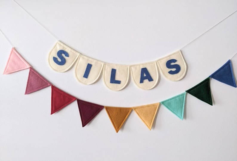 Custom name bunting SCALLOPED flags, made with felt, personalized felt banner, birthday banner, nursery, children's room, home decor image 2