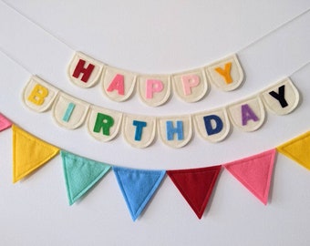 Happy birthday bunting, scalloped flags, small rainbow birthday decoration made with felt, birthday banner