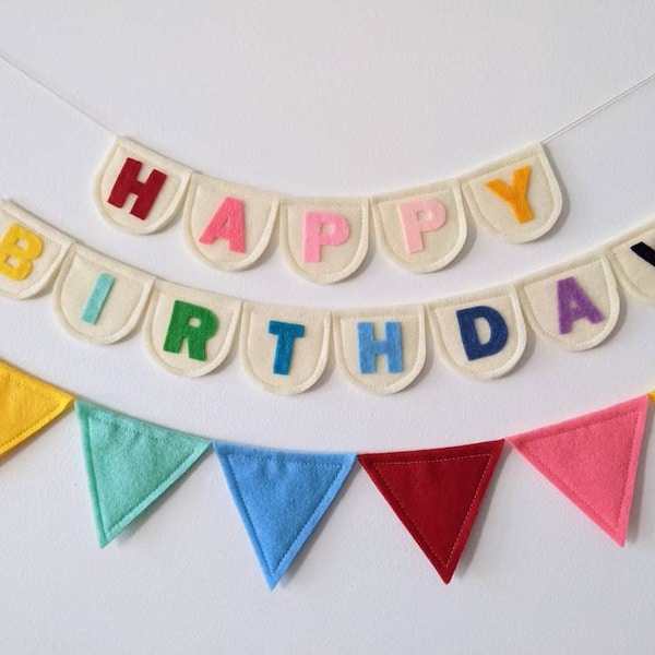 Happy birthday bunting, scalloped flags, small rainbow birthday decoration made with felt, birthday banner