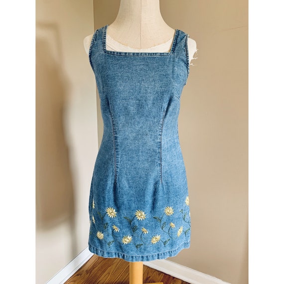 Vintage Denim Sunflower Embroidered Dress