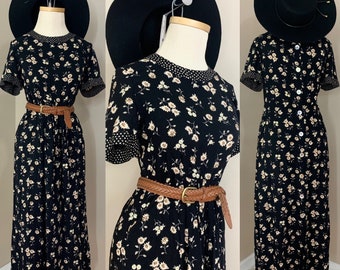 Vintage Langes schwarzes Sonnenblumenkleid