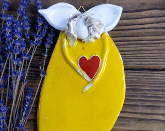 Handmade Ceramic Angel Wall Hanging, Yellow Glaze Sculpture