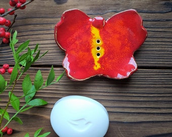 Handmade ceramic soap dish, red butterfly soap dish, clay soap dish, bathroom accessories, cute ceramic soap holder, art ceramic, clay craft