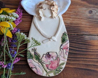 Handmade Ceramic Angel Wall Hanging, Rose Flower Dress, Guardian Angel