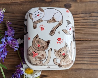 Ceramic butter dish with cute Kittens , hand painted butter dish, adorable cats , clay butter dish, handmade, free shipping, cat