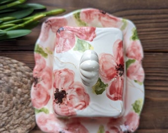 Ceramic butter dish with flowers, hand painted butter dish, adorable bullfinch, clay butter dish, handmade, free shipping, small butter dish